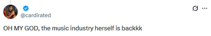 Tweet from @cardirated expressing excitement about the queen of music returning to the industry after a mysterious countdown.