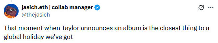 Screenshot of a tweet about Taylor Swift's album announcement, highlighting excitement around the Queen of Music reveal.