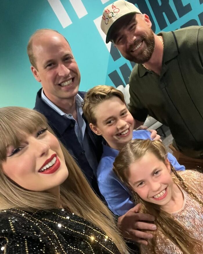 Taylor Swift smiling with a group of people in a casual setting, celebrating the new album reveal countdown.