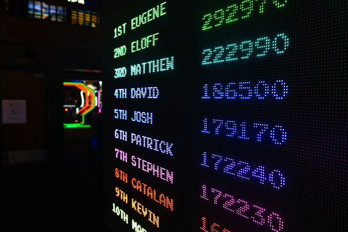 Leaderboard scoreboard displaying scores for a then vs now scenarios gaming competition in a dark arcade setting.