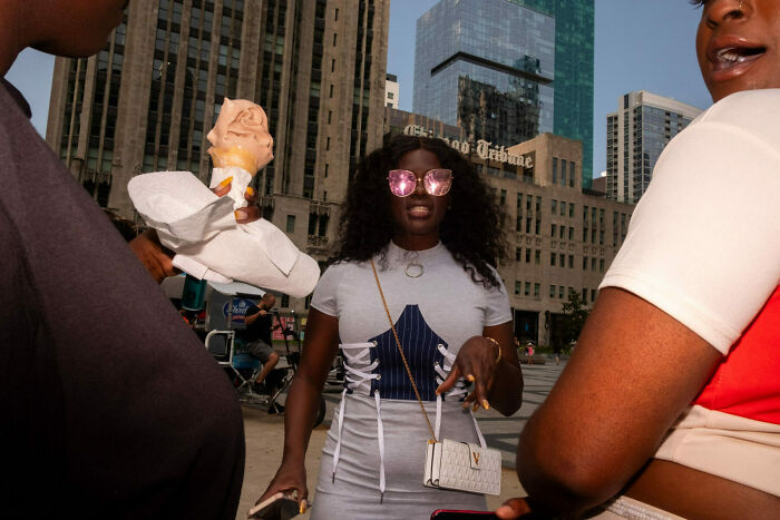 Street photos capturing a stylish woman with pink sunglasses and ice cream cones in an urban city setting.