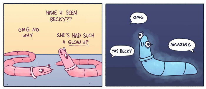 Comic strip featuring overthinking and awkward moments with worms reacting to Becky’s glow up, capturing relatable laughs and emotions.