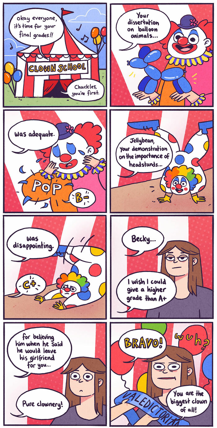 Comic strip showing awkward clown school grades with overthinking and humor in relatable, funny moments.