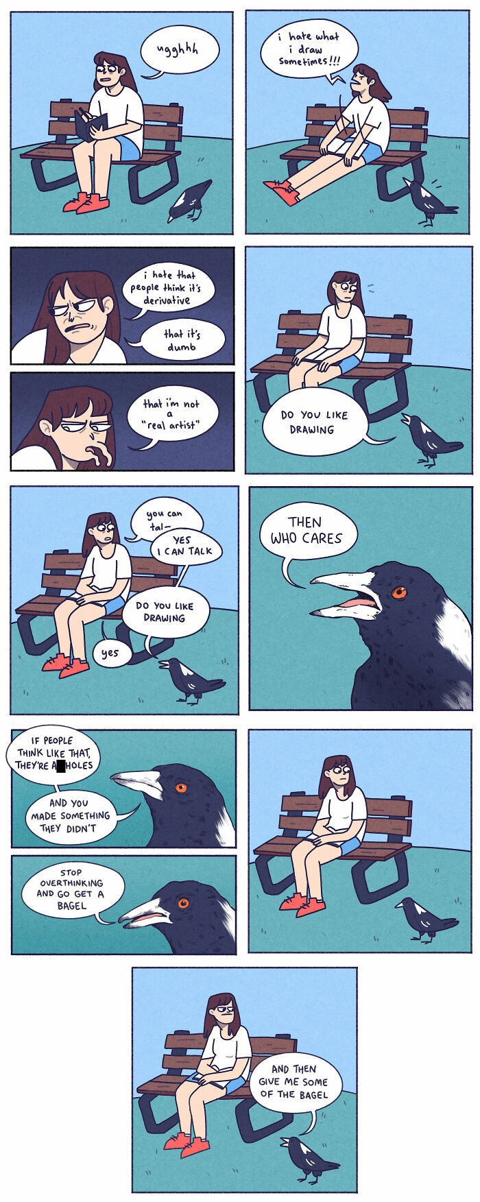 Comic showing a girl overthinking about drawing while a crow offers humorous advice on awkward moments and creativity.