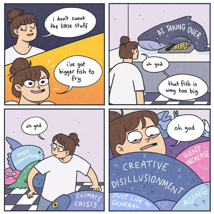 Comic panels showing a woman humorously overwhelmed by overthinking and awkward moments with oversized fish representing her worries.