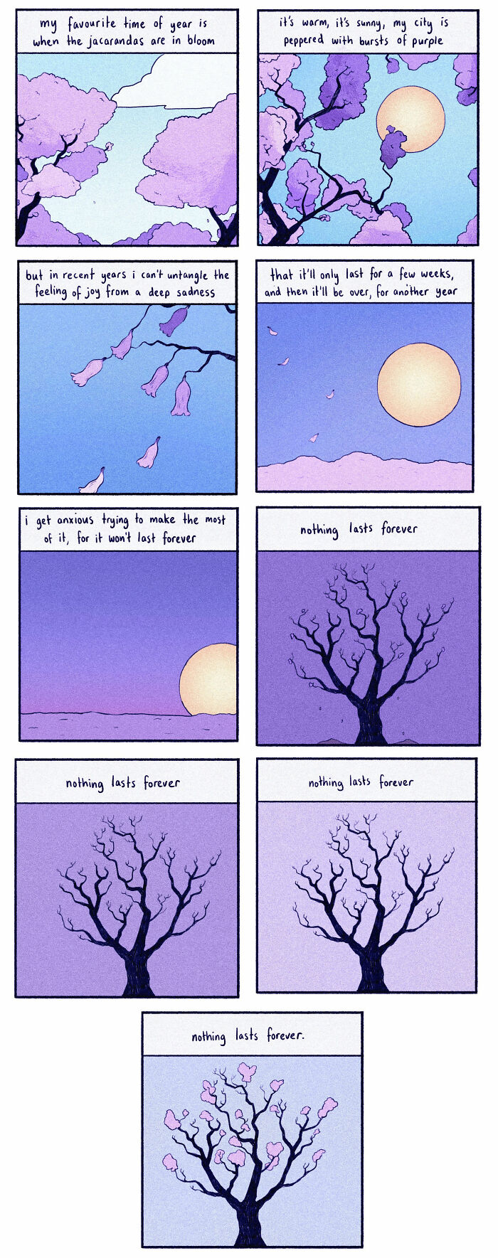 Comic panels showing changing jacaranda trees and sunsets, illustrating overthinking, awkward moments, and subtle emotional shifts.