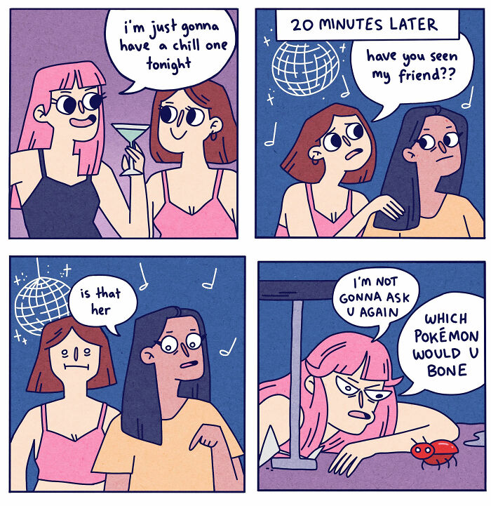Two women overthinking awkward social moments at a party with humor and relatable comic-style illustrations.