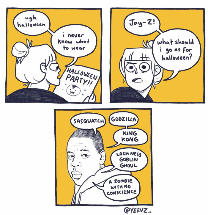 Comic strip showing awkward Halloween costume overthinking with character suggesting Jay-Z as various monsters and a zombie.