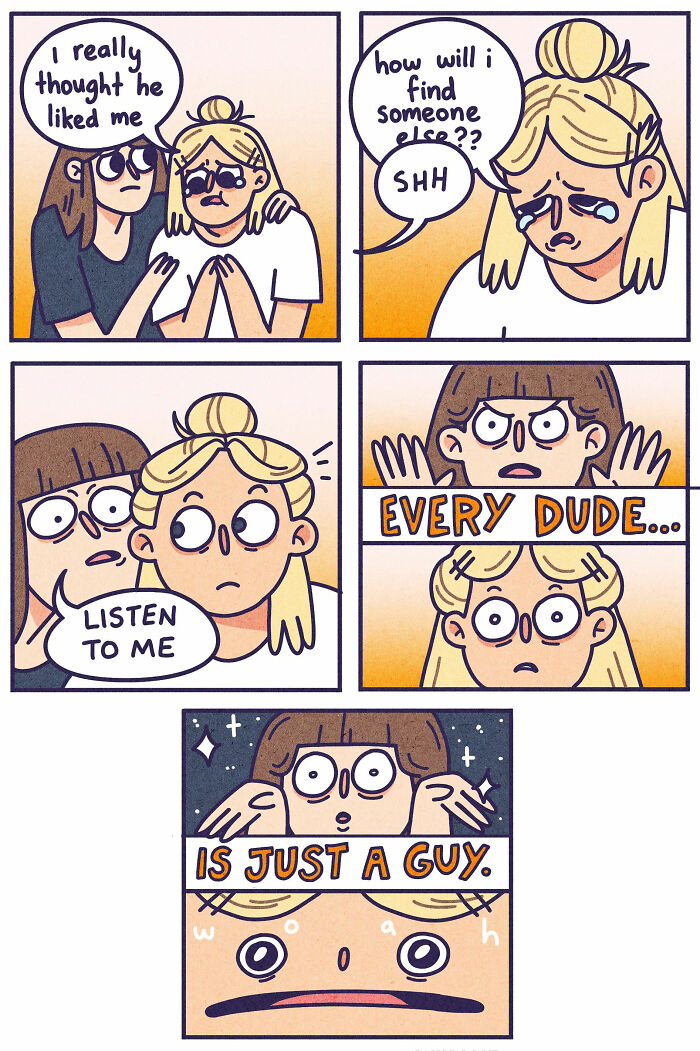 Comic panels showing two women discussing overthinking and awkward moments about relationships, highlighting relatable emotions and laughs.