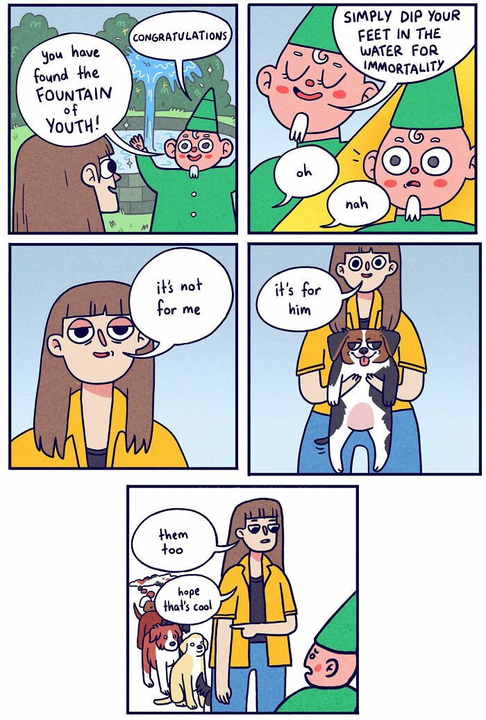 Comic strip showing overthinking and awkward moments with a woman, a gnome, and several dogs in a humorous scene.