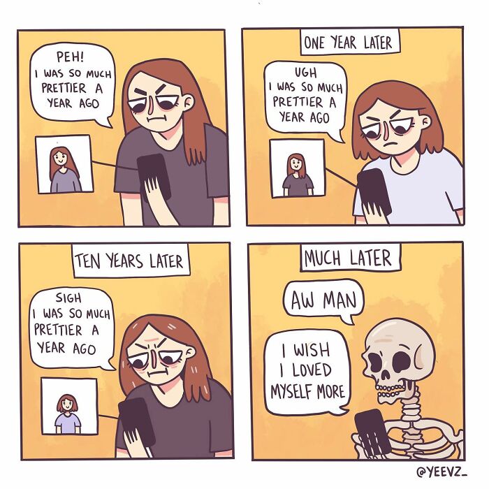 Comic panels showing a character overthinking their appearance over time, illustrating relatable awkward moments and laughs.