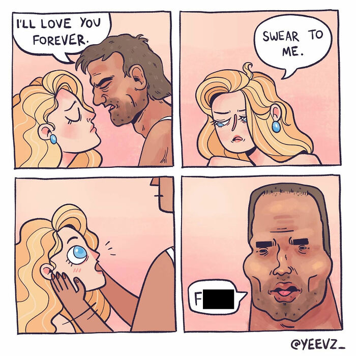 Comic strip showing awkward relationship moment with overthinking and emotional expressions in a humorous style.