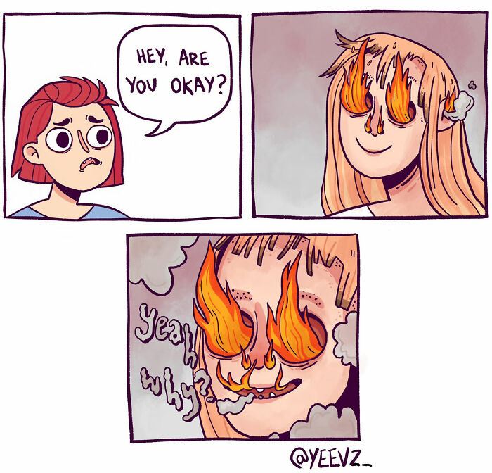 Comic panels showing a conversation featuring overthinking and awkward moments with characters expressing intense emotions and burning eyes.