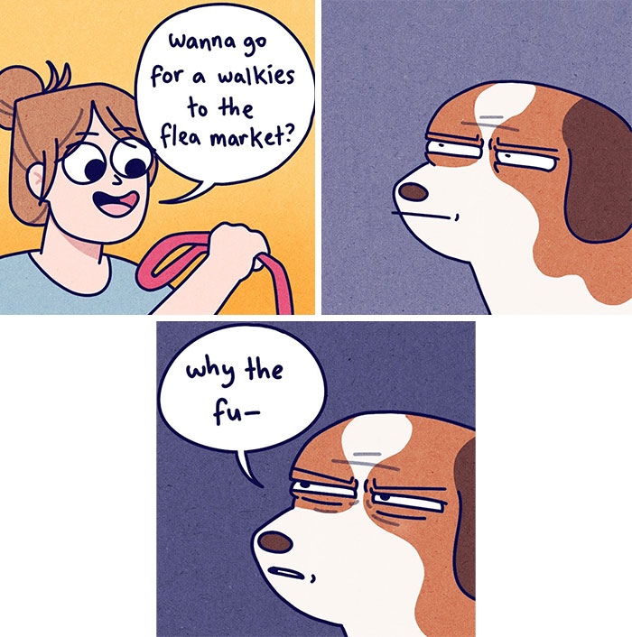 Comic panels showing overthinking moments with a dog reacting skeptically to an invitation for a walk at the flea market.