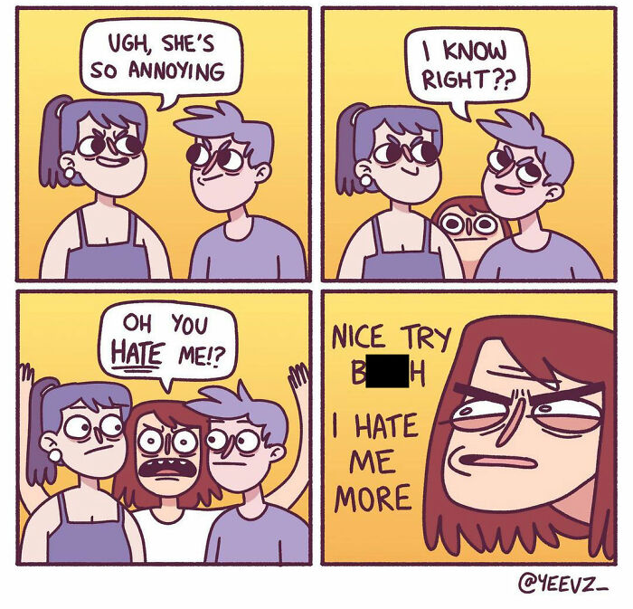 Comic panels showing awkward and funny moments with characters overthinking social interactions and expressing self-hate humor.