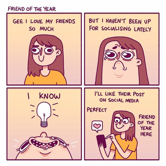 Comic showing overthinking and awkward moments with a character awkwardly socializing by liking a friend’s post.
