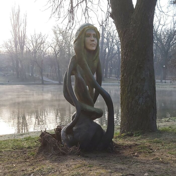 Chainsaw artist carving a twisted humanoid figure from a tree stump by a misty lakeside in a park setting.