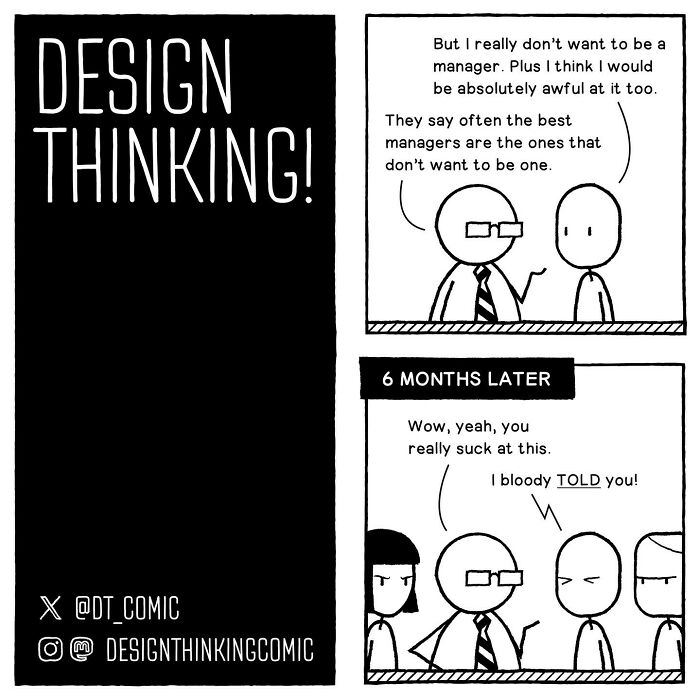 Comic illustrating struggles in digital design career with characters discussing management challenges and feedback.