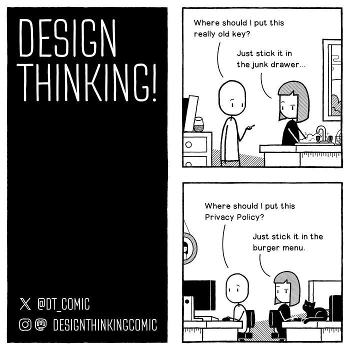 Comic illustrating struggles in digital design career, showing where to place keys and privacy policy in UI menus.