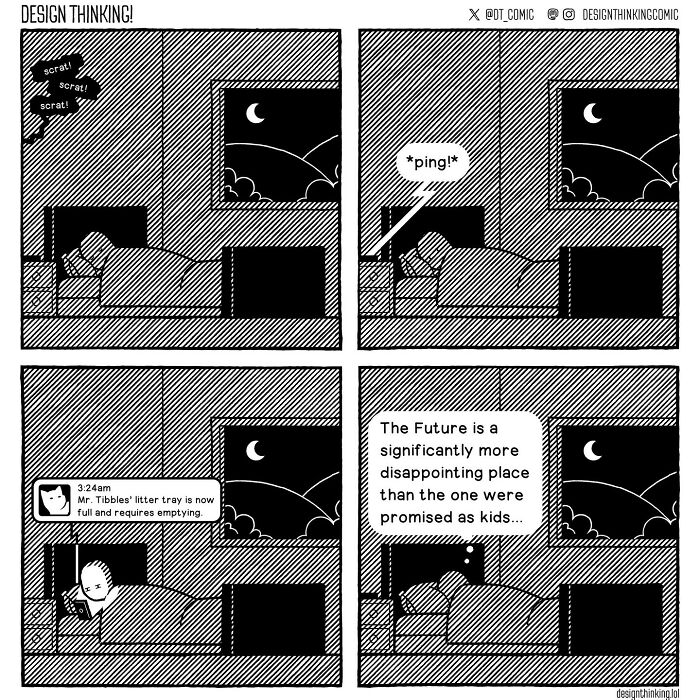 Black and white comic illustrating relatable struggles and disappointments in a digital design career late at night.
