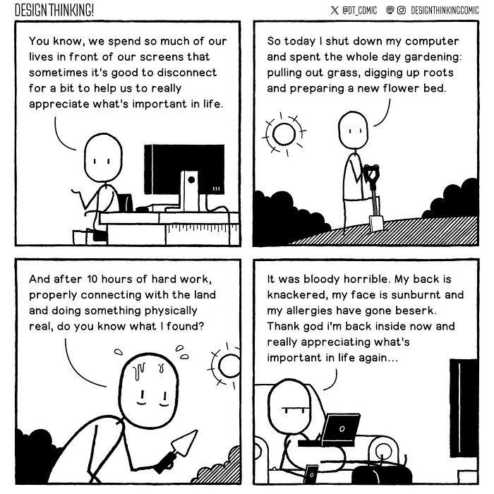 Comic illustrating the relatable struggles in a digital design career with humor and personal reflection.