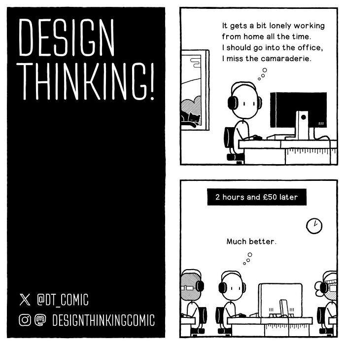 Comic illustrating the struggles in a digital design career with work-from-home loneliness and coworker camaraderie.