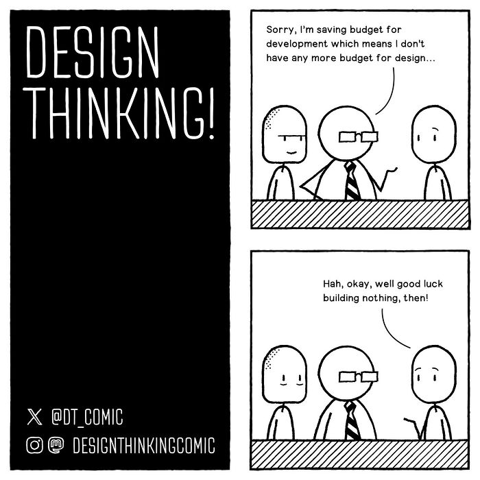 Comic illustrating struggles in digital design career with characters discussing limited design budget vs development.