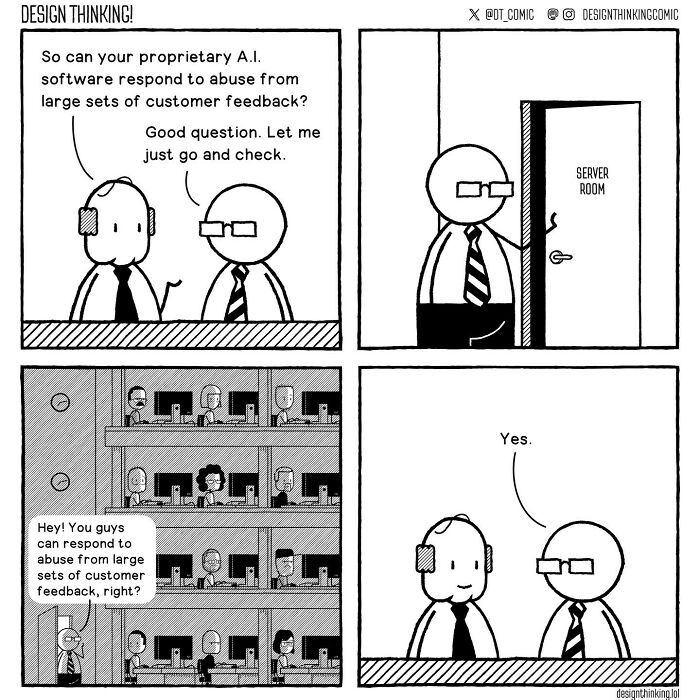 Comic illustrating digital design career struggles with characters discussing software handling large customer feedback.