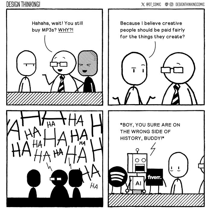 Black and white comic illustrating struggles in digital design career with humor and AI, Fiverr, and Spotify references.