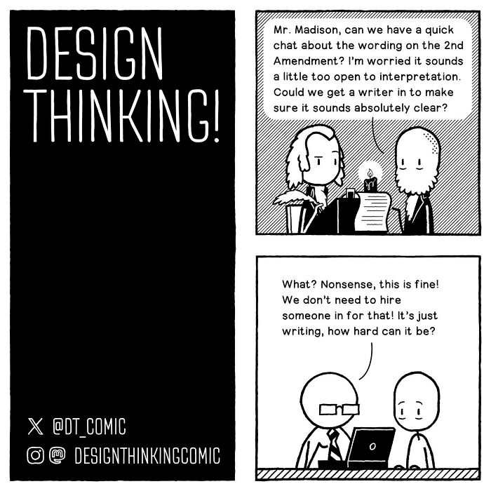 Black and white comic illustrating struggles in digital design career with characters discussing clarity in project wording.