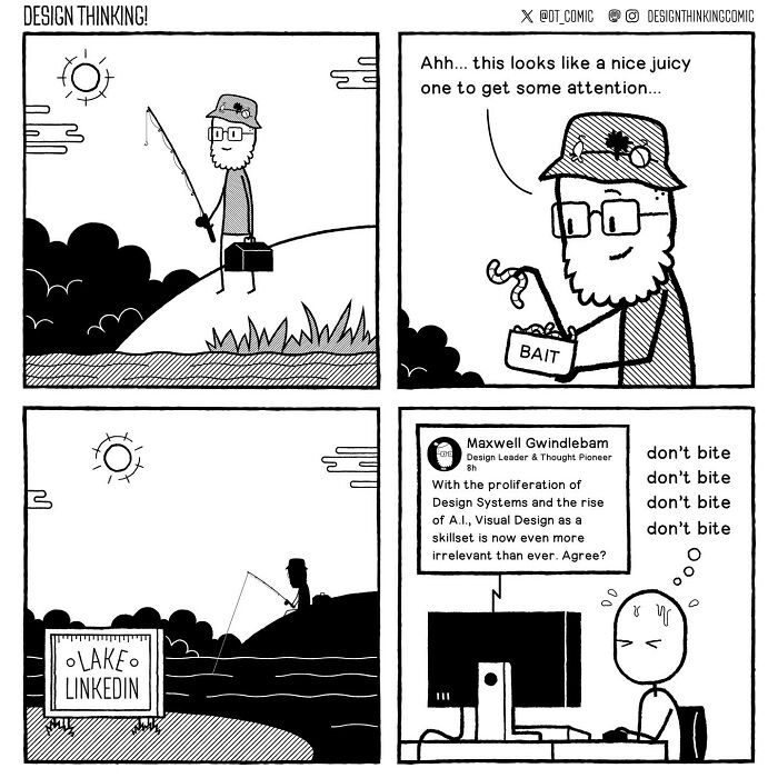 Comic strip illustrating struggles in a digital design career with relatable scenarios about attention and AI challenges.