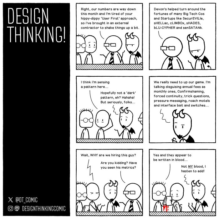 Black and white comic strip illustrating struggles and frustrations in a digital design career with relatable workplace dialogue.