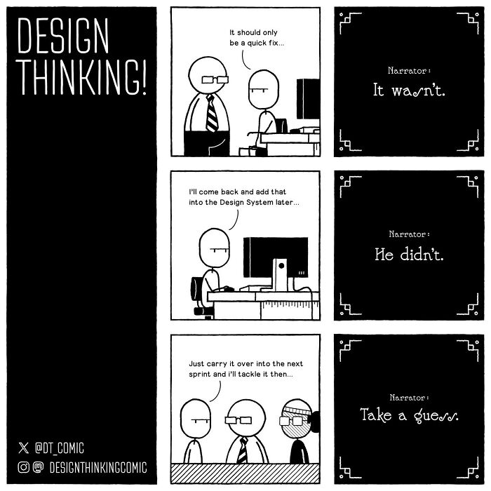 Comic strip illustrating relatable struggles in a digital design career, with characters discussing design fixes and delays.