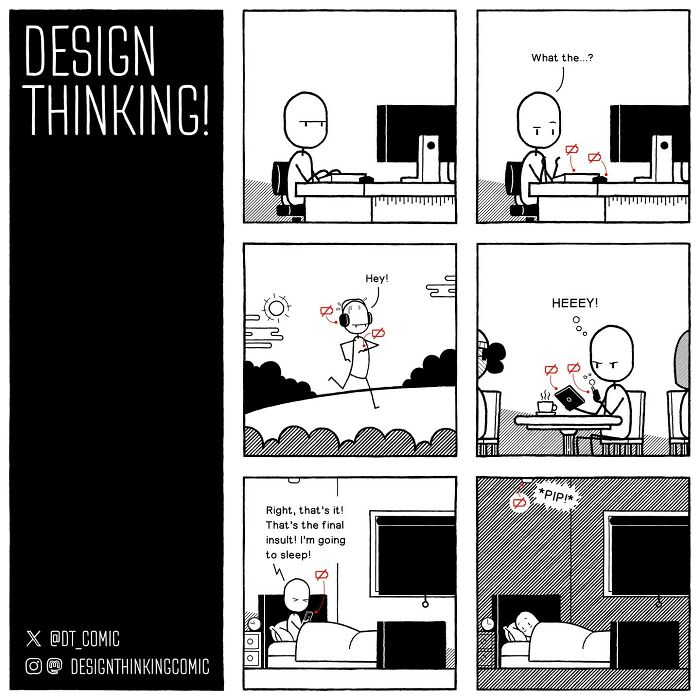 Comic panels illustrating relatable struggles in a digital design career, featuring a frustrated character receiving notifications.