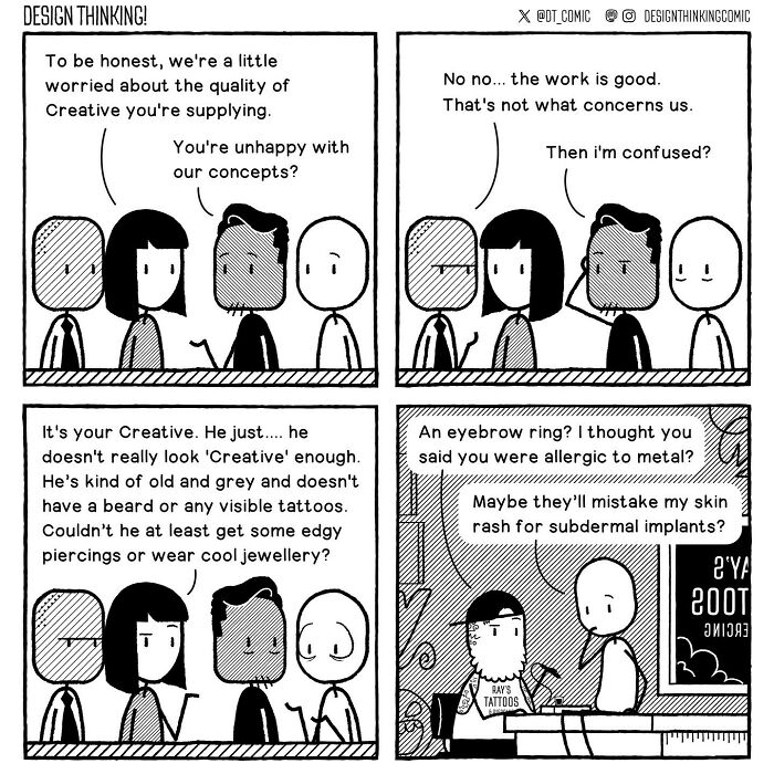 Black and white comic illustrating struggles in a digital design career with characters discussing creative concepts.