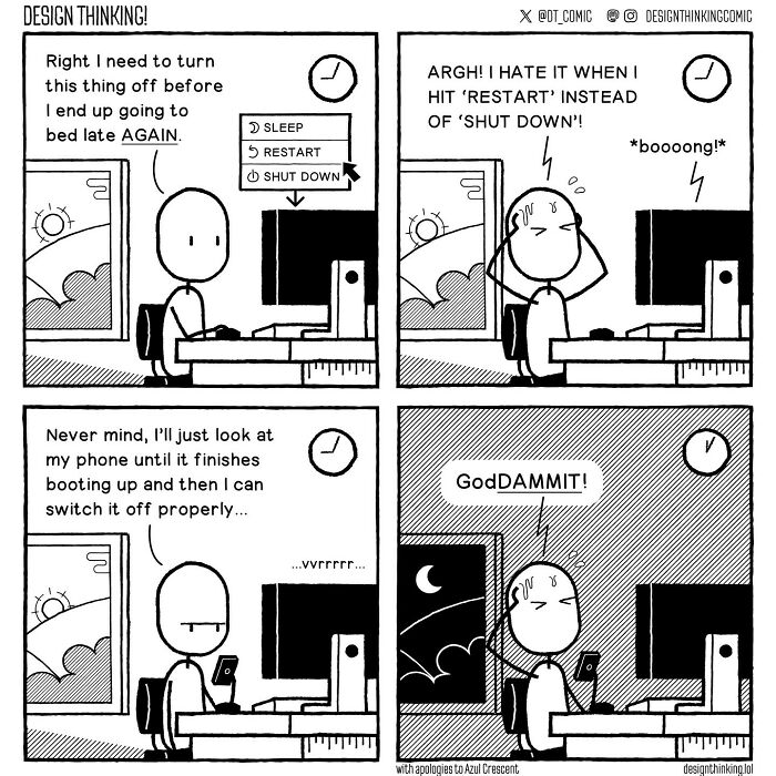 Comic strip illustrating the struggles in a digital design career with humorous scenes of computer frustration and late nights.