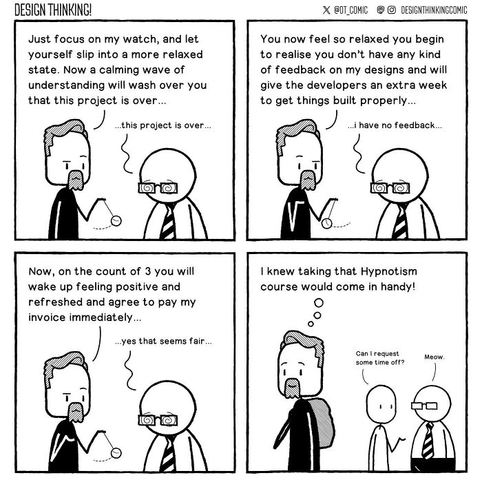 Comic illustrating relatable struggles in a digital design career with humor and hypnosis concepts.