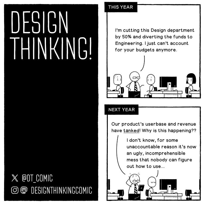 Comic illustrating struggles in digital design career with budget cuts and product usability issues in the design department.