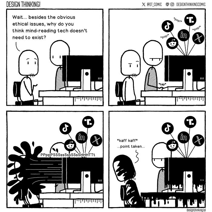 Comic illustrating relatable struggles in digital design career with social media distractions and work challenges at the computer.