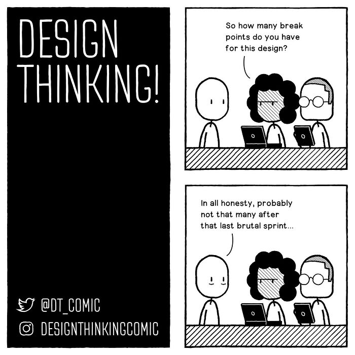 Comic illustrating struggles in digital design career showing a meeting discussing break points after a brutal sprint.