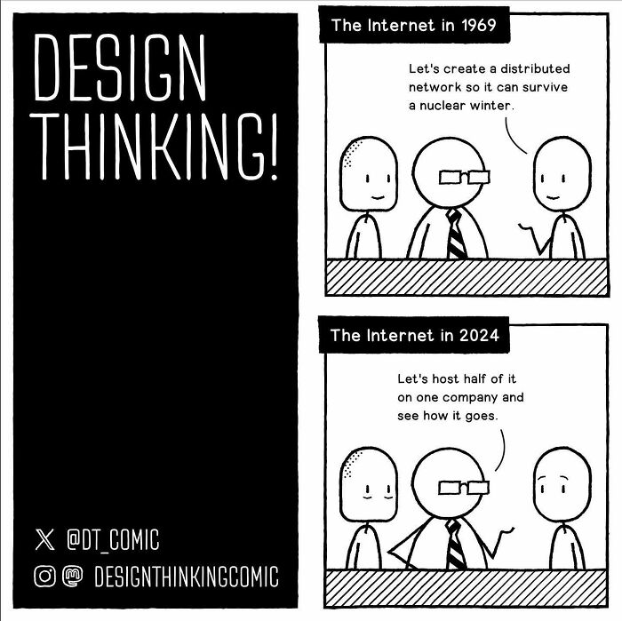 Comic illustrates struggles in digital design career comparing internet concepts from 1969 to 2024 with simple character drawings.