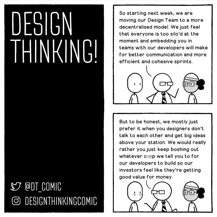 Comic strip illustrating the struggles in digital design career with a decentralized design team and communication issues.
