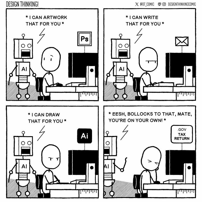 Comic illustrating struggles in a digital design career featuring AI and human interaction in artwork and writing tasks.