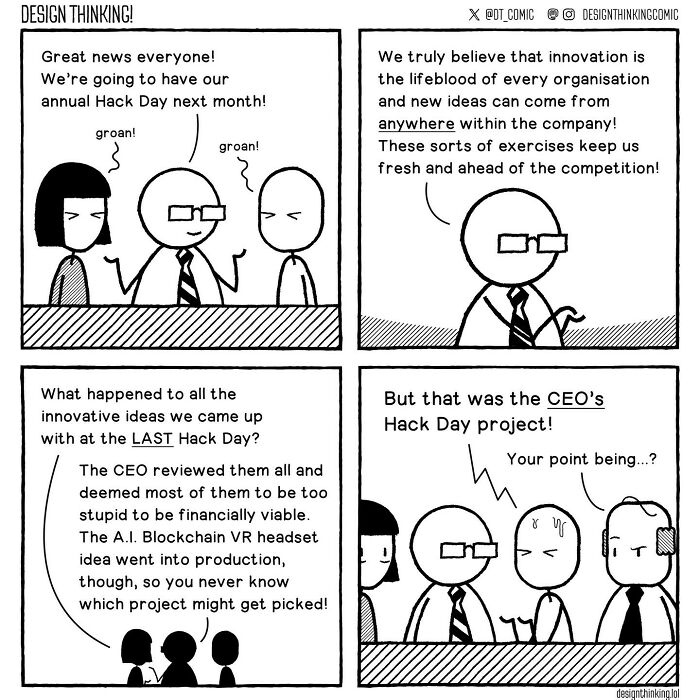 Comic illustration showing relatable struggles in digital design career with employees discussing innovation and Hack Day projects.