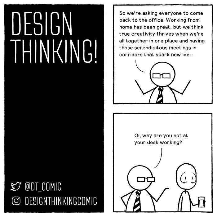 Comic illustrating struggles in digital design career with characters discussing working from office and creativity challenges.
