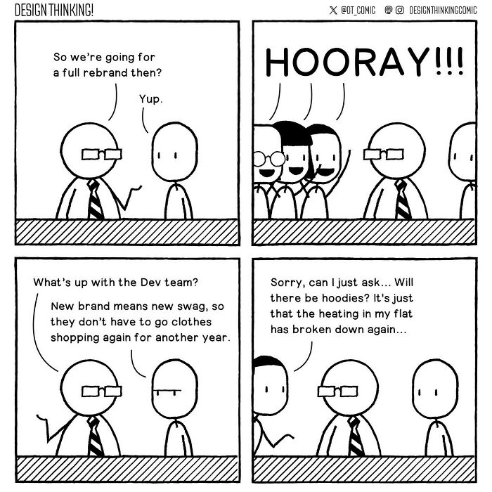 Comic strip showing characters discussing a full rebrand and relatable struggles in a digital design career.
