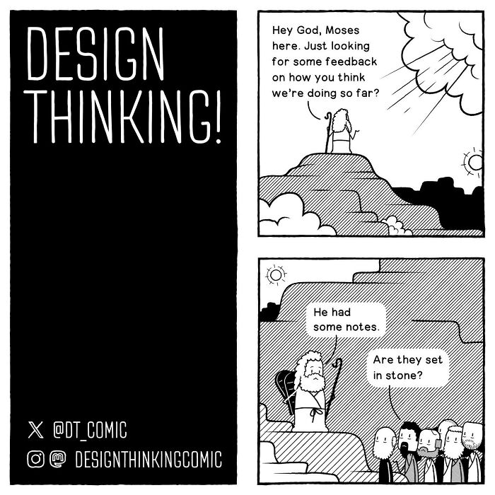 Comic illustrating relatable struggles in digital design career with a humorous take on feedback and client notes.