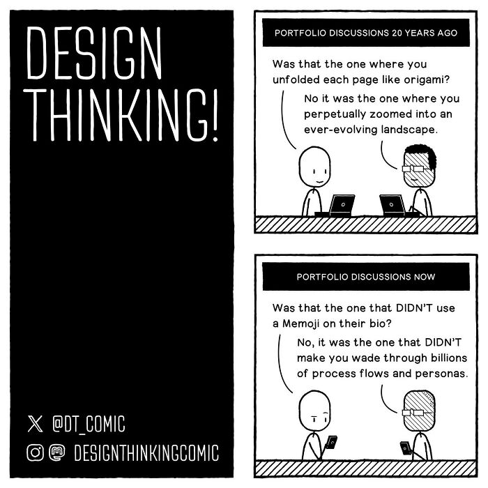 Comic illustrating relatable struggles in digital design career, comparing portfolio discussions 20 years ago and now.