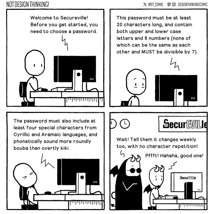 Comic strip illustrating struggles in digital design career with complex password requirements humorously depicted at a computer desk.