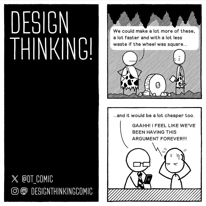 Comic illustrating the struggles in digital design career showing a frustrated design thinking argument about wheel shape.